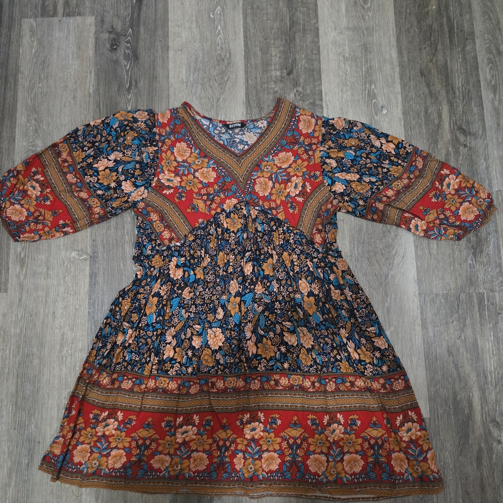 BTFBM Floral Boho Babydoll 3/4 Balloon Sleeve Women's Large Midi Dress - Picture 4 of 5